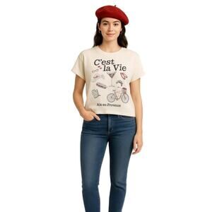 Vinyl Icons Graphic Cream Top – French Chic Short Sleeve Cotton Tee Size L